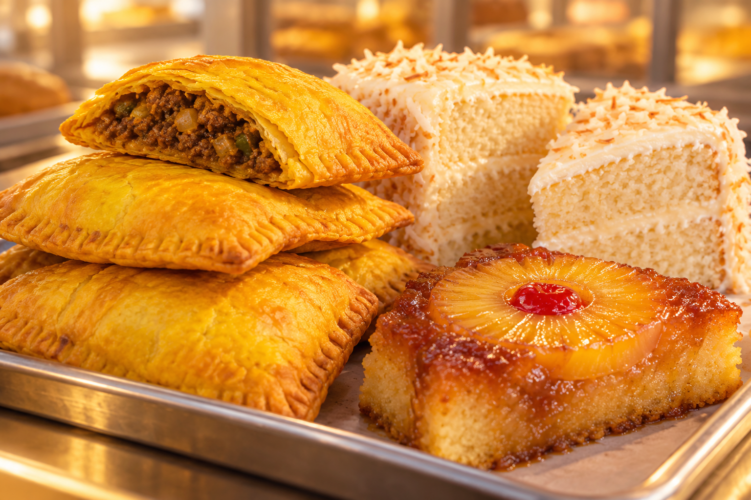 Illustration of Jamaican patties and cake slices on a bakery tray