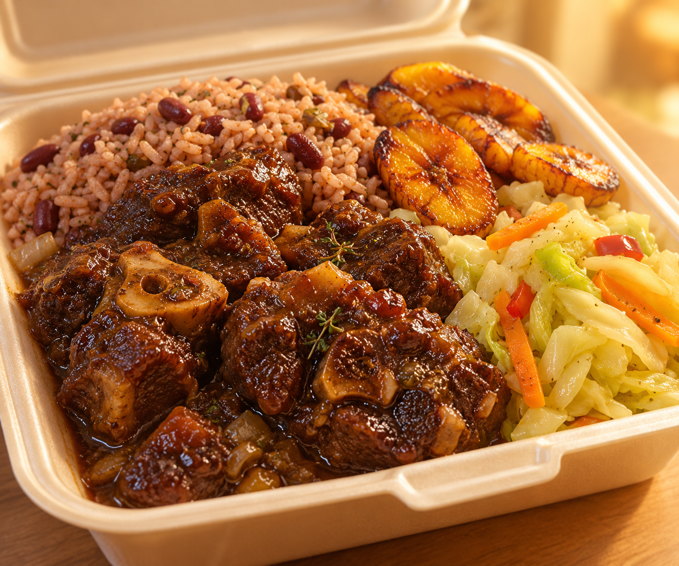 Illustration of a takeout plate with stewed meat, rice and peas, and plantains